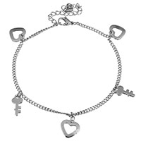 Roestvrijstalen Anklet, Roestvrij staal, met 2lnch extender keten, bedelarmband & met sleutel & met hart patroon & kinketting & voor vrouw, oorspronkelijke kleur, 11x11mm, 7x13mm, 2mm, Lengte Ca 8 inch, 10strengen/Lot, Verkocht door Lot