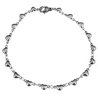 Roestvrijstalen Anklet, Roestvrij staal, Hart, voor vrouw, oorspronkelijke kleur, 9x4mm, Lengte Ca 8 inch, 10strengen/Lot, Verkocht door Lot