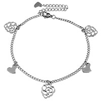 Roestvrijstalen Anklet, Roestvrij staal, met 2.5lnch extender keten, bedelarmband & met hart patroon & kinketting & met bloempatroon & voor vrouw, oorspronkelijke kleur, 11x14mm, 2mm, 8x9mm, Lengte Ca 8 inch, 10strengen/Lot, Verkocht door Lot