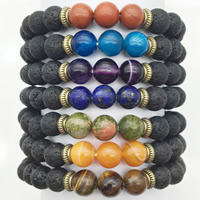 Braccialetto Unisex, lava, with verde fiore & agate & lega in zinco, Cerchio, placcato color oro, materiali diversi per la scelta, 8mm, Venduto per Appross. 7.5 pollice filo