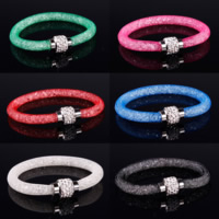 Bracelet Tube maille, Fil cordon nette en filet de plastique, avec argile & strass, Alliage de zinc fermoir magnétique, Placage de couleur platine, pour femme, plus de couleurs à choisir, Vendu par Environ 7.8 pouce brin