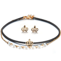 Kristall smycken uppsättningar, örhänge & halsband, Zink Alloy, med PU & Kristall, rostfritt stål örhänge inlägg, med 3cm extender kedja, Crown, guldfärg pläterade, för kvinna & emalj & fasetterad, leda & kadmiumfri, 11x12mm, Längd Ca 13.5 inch, Säljs av Ställ