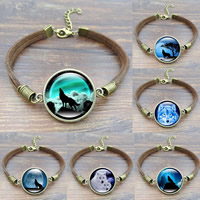 Modezeit Gem Armband, Zinklegierung, mit Wollschnur & Glas, mit Verlängerungskettchen von 4cm, flache Runde, antike Bronzefarbe plattiert, Zeit Edelstein Schmuck & unisex & einstellbar & verschiedene Muster für Wahl & Aufkleber, frei von Blei & Kadmium, 20mm, verkauft per ca. 7 ZollInch Strang