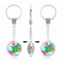 Keychain Gem Am Faisean, Sinc Alloy, le Gloine, Babhta Maol, dath airgid plated, rotatable & jewelry GEM am & le patrún litir & dúbailte-Thaobh & decal, luaidhe & caidmiam saor in aisce, 100mm, Trastomhas Istigh:Thart 30mm, Díolta De réir Snáithe