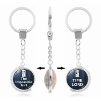 Fashion Time Gem Keychain Key Ring Zinc Alloy with Glass Flat Round silver color plated rotatable & time gem jewelry & with letter pattern & double-sided & decal lead & cadmium free 100mm Inner Approx 30mm Sold By Strand