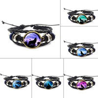 Pulsera de gemas de tiempo de moda, Cuero de PU, con Encerado cordón de cáñamo & Vidrio & madera & aleación de zinc, chapado, teñido & joyas joya tiempo & unisexo & ajustable & diferentes patrones para la opción & 3-aro & calcomanía, 180mm, longitud aproximado 7 Inch, 2Strandsfilamento/Grupo, Vendido por Grupo