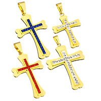 Roestvrij staal Cross Hangers, met strass klei pave, Oversteken, gold plated, meer kleuren voor de keuze, Verkocht door PC