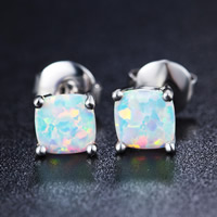 Pendientes de Perno en Latón, metal, con Opal blanco, chapado en color de platina, libre de níquel, plomo & cadmio, 17x6mm, Vendido por Par