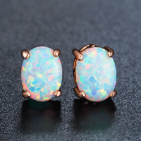 Pendientes de Perno en Latón, metal, con Opal blanco, Redondo Aplanado, chapado en color rosa dorada, libre de níquel, plomo & cadmio, 6x8mm, Vendido por Par