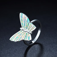 Anillo de dedo de latón, metal, con Opal blanco, Mariposa, chapado en color de platina, Diferente diámetro interior para la elección & para mujer, libre de níquel, plomo & cadmio, 16.5x23mm, Vendido por UD