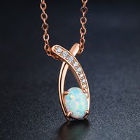 Brass κολιέ, Ορείχαλκος, με White Opal, αυξήθηκε χρώμα επίχρυσο, οβάλ αλυσίδα & για τη γυναίκα & με στρας, νικέλιο, μόλυβδο και κάδμιο ελεύθεροι, 8x19.5mm, Sold Per Περίπου 19.5 inch Strand