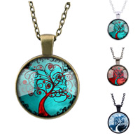 Zinc Alloy Sweater Necklace with iron chain & Glass Flat Round plated tree of life design & time gem jewelry & Unisex & oval chain & decal lead & cadmium free 25mm Sold Per Approx 27 Inch Strand