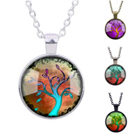 Zinc Alloy Sweater Necklace with iron chain & Glass Flat Round plated tree of life design & time gem jewelry & Unisex & oval chain & decal lead & cadmium free 25mm Sold Per Approx 27 Inch Strand