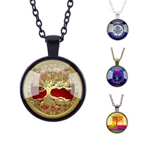 Zinc Alloy Sweater Necklace with iron chain & Glass Flat Round plated tree of life design & time gem jewelry & Unisex & oval chain & decal lead & cadmium free 25mm Sold Per Approx 27 Inch Strand