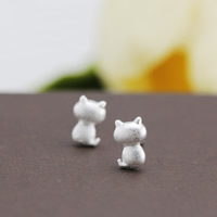 Messing Ohrstecker, Katze, versilbert, frei von Nickel, Blei & Kadmium, 5x8mm, verkauft von Paar