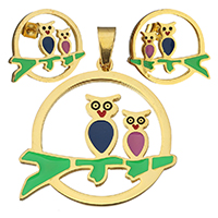 Emalj Rostfritt Stål Smycken Set, hänge & örhänge, ROSTFRITT STÅL, Owl, guldfärg pläterade, för kvinna, 39x39mm, 18x16mm, Hål:Ca 5x8mm, Säljs av Ställ