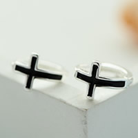 Mässing Huggie Hoop Earring, Cross, silver pläterad, emalj, nickel, bly och kadmium gratis, 6.5x10.5mm, Säljs av Par