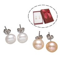 Freshwater Pearl Örhängen, Mässing, med ytterkartong & Freshwater Pearl, platina pläterad, naturliga, blandade färger, nickel, bly och kadmium gratis, 8-9mm, 2Pairs/Box, Säljs av Box