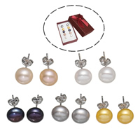 Freshwater Pearl Örhängen, Mässing, med ytterkartong & Freshwater Pearl, platina pläterad, blandade färger, nickel, bly och kadmium gratis, 8-9mm, 5Pairs/Box, Säljs av Box