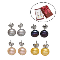 Freshwater Pearl Örhängen, Mässing, med ytterkartong & Freshwater Pearl, platina pläterad, blandade färger, nickel, bly och kadmium gratis, 8-9mm, 4Pairs/Box, Säljs av Box