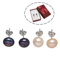 Sladkovodní Pearl náušnice, Mosaz, s papírová krabice & Sladkovodní Pearl, platinové barvy á, smíšené barvy, nikl, olovo a kadmium zdarma, 8-9mm, 2páry/Box, Prodáno By Box