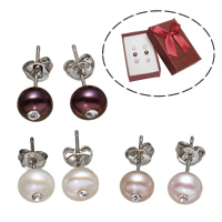 Freshwater Pearl Örhängen, Mässing, med ytterkartong & Freshwater Pearl, platina pläterad, med strass, blandade färger, nickel, bly och kadmium gratis, 7-7.5mm, 3Pairs/Box, Säljs av Box