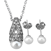 Cubic Zirconia rozsdamentes acél ékszer készletek, fülbevaló & nyaklánc, Stainless Steel, -val Glass Pearl, ovális lánc & mikro egyengetni cirkónia & a nő, az eredeti szín, 7.8x17.8mm, 1.5mm, 5.5mm, Hossz Kb 18 inch, Által értékesített Set