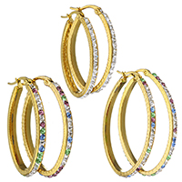 Stainless Steel Hoop Earring with Rhinestone Clay Pave gold color plated & for woman Sold By Lot