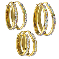 Stainless Steel Hoop Earring with Rhinestone Clay Pave gold color plated & for woman Sold By Lot