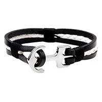 Unisex la pulsera y el brazalete, Cuero de vaca, con Cordón de algodón encerado & aleación de zinc, chapado en color de platina, unisexo & 3-aro, Negro, Vendido para aproximado 8.4 Inch Sarta