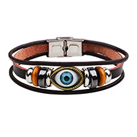 Kravské kůže Náramek, s Hematit & Dřevo & Zinek, Evil Eye, unisex & 3-pramenné, hnědý, Prodáno za Cca 8.4 inch Strand