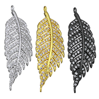 Kubik Zirkonium mikro bana Mässing Kontaktdon, Leaf, plated, micro bana cubic zirconia & 1/1 slinga, fler färger för val, nickel, bly och kadmium gratis, 12x37x3mm, Hål:Ca 1mm, 10PC/Lot, Säljs av Lot