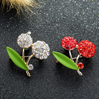 Strass Broche, Zinc Alloy, Kers, gold plated, voor vrouw & glazuur & met strass, meer kleuren voor de keuze, lood en cadmium vrij, 35x35mm, Verkocht door PC