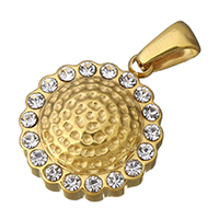 Rhinestone Pendant Stainless Steel Flat Round gold color plated with rhinestone Approx Sold By PC