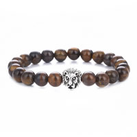 Unisex Armband, Tiger Eye, met Katoenfluweel & Zinc Alloy, Leeuw, antiek zilver plated, uniseks, 8mm, Lengte Ca 7.5-8 inch, 5strengen/Lot, Verkocht door Lot