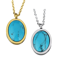 Unisex Ketting, Roestvrij staal, met Synthetische Turquoise, met 2Inch extender keten, Plat Ovaal, plated, uniseks & ovale keten, meer kleuren voor de keuze, 13x20mm, 2mm, Lengte Ca 18 inch, Verkocht door PC