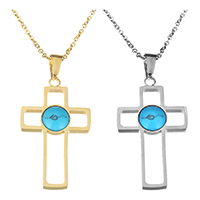 Collier Unisex, acier inoxydable, avec turquoise synthétique, avec 2Inch chaînes de rallonge, croix, Placage, unisexe & chaîne ovale, plus de couleurs à choisir, 20x35mm, 2mm, Vendu par Environ 18 pouce brin