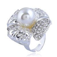 Cink ötvözet Nyílt Finger Ring, -val Műanyag Pearl, Virág, platina színű bevont, a nő & strasszos, nikkel, ólom és kadmium mentes, 34mm, Méret:6-9, Által értékesített PC