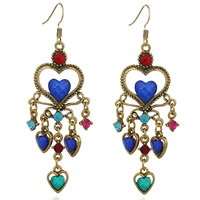 Fashion frynser øreringe, Zinc Alloy, med Resin, jern ørering krog, Heart, antik bronze farve forgyldt, for kvinde & med rhinestone, flere farver til valg, bly & cadmium fri, 65x28mm, Solgt af par