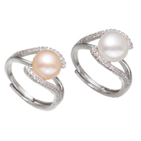 Sötvatten Pearl Finger Ring, Mässing, med Freshwater Pearl, platina pläterad, för kvinna & med strass, fler färger för val, nickel, bly och kadmium gratis, Grade AAA, 20x27x12mm, Storlek:6.5, Säljs av PC