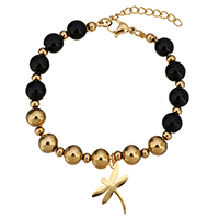 Roestvrij staal armbanden, met Glas, met 1Inch extender keten, Dragonfly, gold plated, bedelarmband & voor vrouw, 13x18mm, 8mm, Per verkocht Ca 7 inch Strand