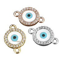 Connecteur Evil Eye, laiton, avec coquille blanche, Plat rond, Placage, motif de mauvais œil & pavé de micro zircon & boucle de 1/1, plus de couleurs à choisir, 13.50x9x2mm, Trou:Environ 1.5mm, 20PC/lot, Vendu par lot