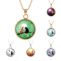 Zinc Alloy Sweater Necklace with Glass Flat Round plated time gem jewelry & Unisex & ball chain & decal lead & cadmium free 25mm Length Approx 23.5 Inch Sold By Bag