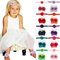 nastro satin Monili dei capelli Set, Sandali baby a piedi nudi & fascia per capelli, with Chiffon & perla in plastica, Fiore, elastico & per i bambini & con strass, nessuno, 50mm, Lunghezza Appross. 14.9 pollice, Venduto da set