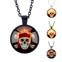 Zinc Alloy Trui Ketting, met ijzeren ketting & Glas, Rond plat, plated, tijd gem sieraden & met schedel patroon & uniseks & sticker, meer kleuren voor de keuze, lood en cadmium vrij, 25mm, Lengte Ca 27.5 inch, 3strengen/Bag, Verkocht door Bag