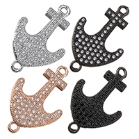 Messing connector met micro-paved kubieke zirconia's, Anker, plated, nautische patroon & micro pave zirconia & 1/1 lus, meer kleuren voor de keuze, 15.50x24x2mm, Gat:Ca 3mm, 20pC's/Lot, Verkocht door Lot