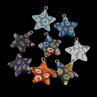 Millefiori Lampwork قلادة, مع سبائك الزنك بكفالة, نجمة, صناعة يدوية, الألوان المختلطة, 20.50x19.50x3.50mm, حفرة:تقريبا 2mm, تباع بواسطة PC