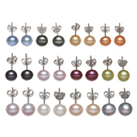 Freshwater Pearl Stud Earring, med Mässing, Barock, annan förpackning stil för val, fler färger för val, 7-7.5mm, Säljs av Par