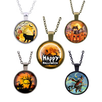 Ketting Halloween, Zinc Alloy, met ijzeren ketting & Glas, Rond plat, plated, tijd gem sieraden & uniseks & Halloween Jewelry Gift & ovale keten & met brief patroon & sticker, meer kleuren voor de keuze, lood en cadmium vrij, 25mm, Lengte Ca 27.5 inch, 3strengen/Bag, Verkocht door Bag