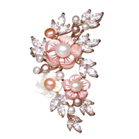 Freshwater Pearl Broche, Messing, med papkasse & Pink Shell & White Shell & Ferskvandsperle, Flower, rosa guld farve forgyldt, for kvinde & med cubic zirconia, nikkel, bly & cadmium fri, 72x44x15mm, 70x82.5x35mm, Solgt af PC